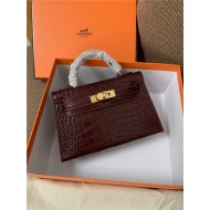 Hermes Kelly Mini II Bag Embossed Crocodile Leather WAX Silver/Gold Metal High