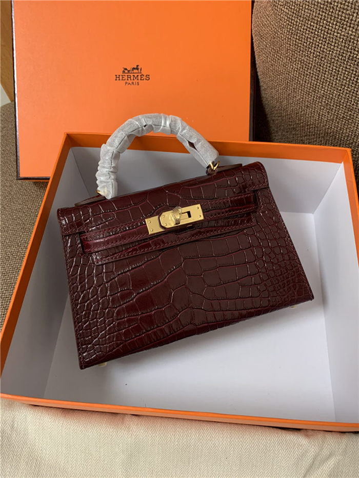 Hermes Kelly Mini II Bag Embossed Crocodile Leather WAX Silver/Gold Metal High