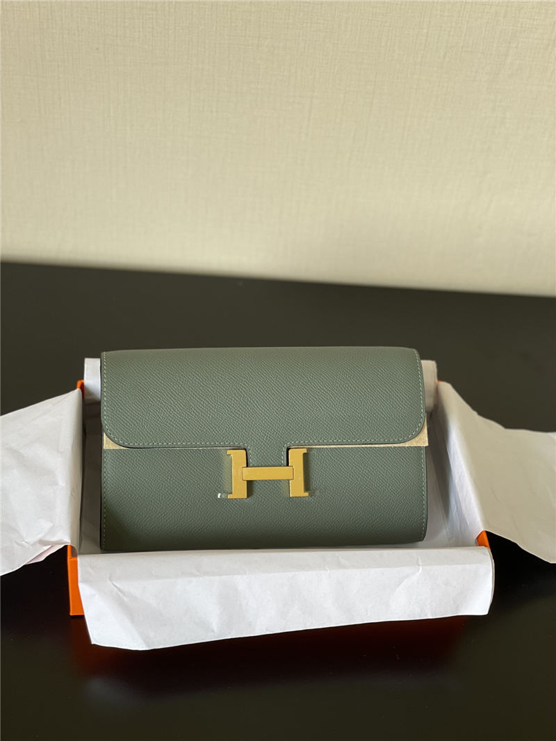 Hermes Constance To Go Long Wallet Epsom Leather Grey-Green Gold-Metal WAX High