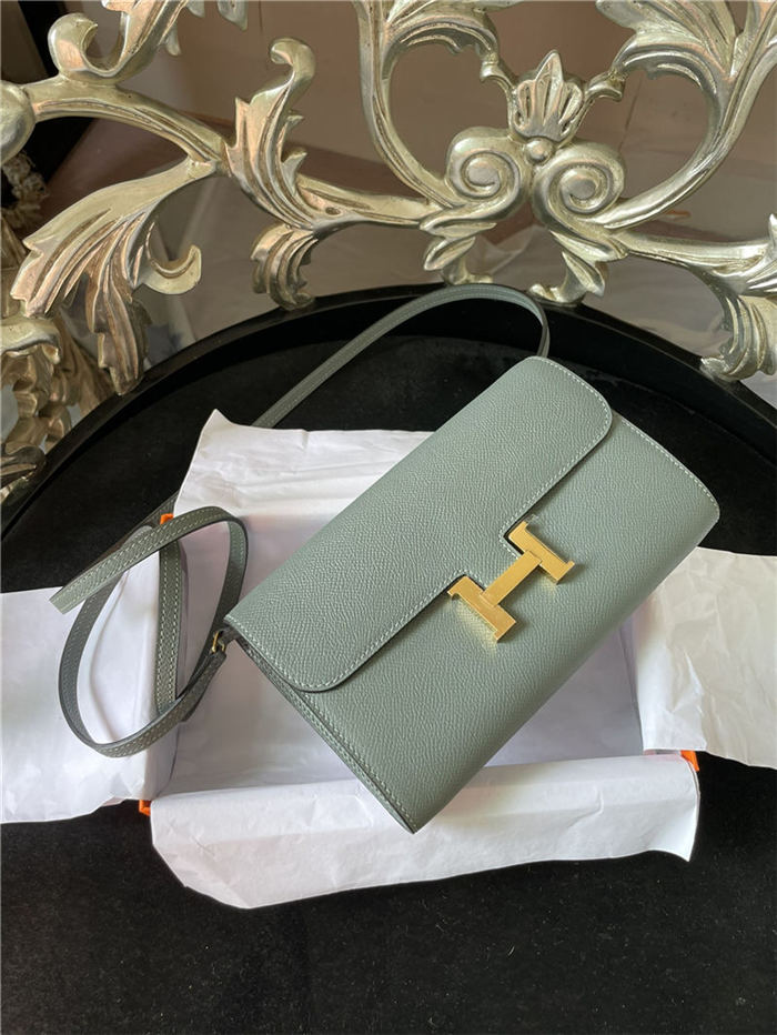 Hermes Constance To Go Long Wallet Epsom Leather Grey-Green Gold-Metal WAX High