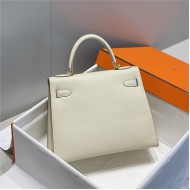 Hermes Kelly 25/28cm Sellier Bag Epsom Leather Silver/Gold Metal In Craie High