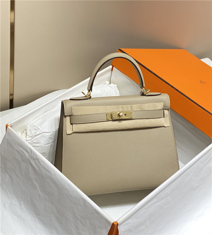 Hermes Kelly 25/28cm Sellier Bag Epsom Leather Silver/Gold Metal In Tourterelle High