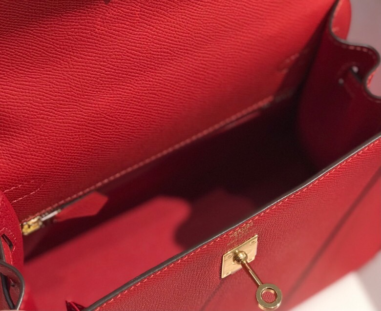 Hermes Kelly 25/28cm Sellier Bag Epsom Leather Silver/Gold Metal In Rouge Casaque High