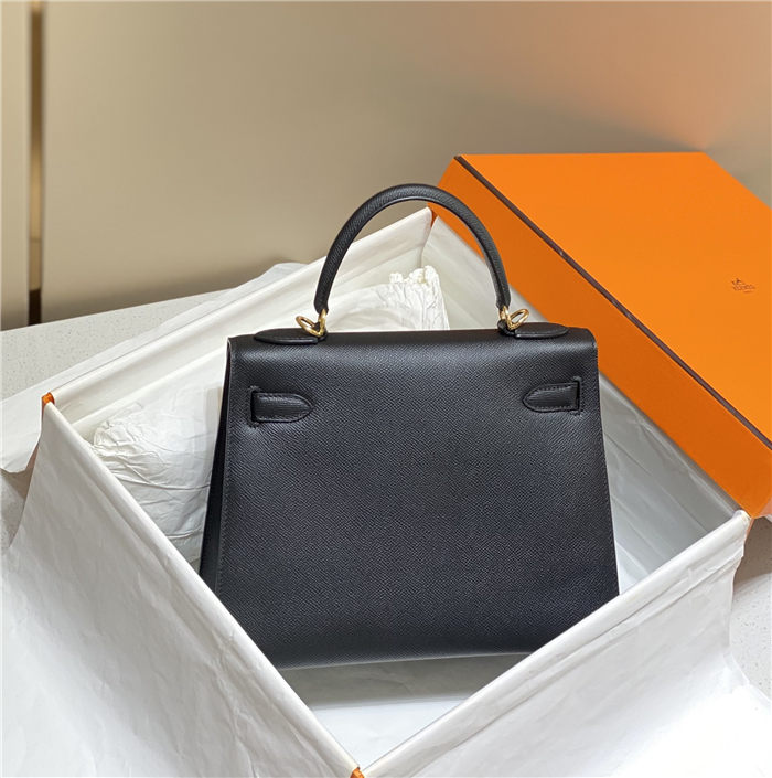 Hermes Kelly 25/28cm Sellier Bag Epsom Leather Silver/Gold Metal In Black-Gold High