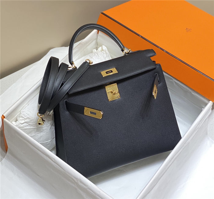 Hermes Kelly 25/28cm Sellier Bag Epsom Leather Silver/Gold Metal In Black-Gold High