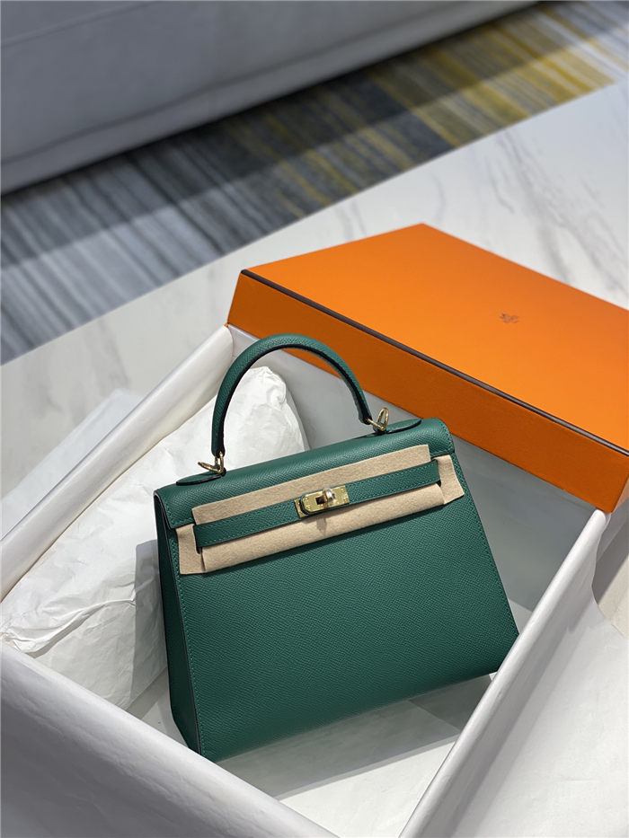 Hermes Kelly 25/28cm Sellier Bag Epsom Leather Silver/Gold Metal In Vert foncé High