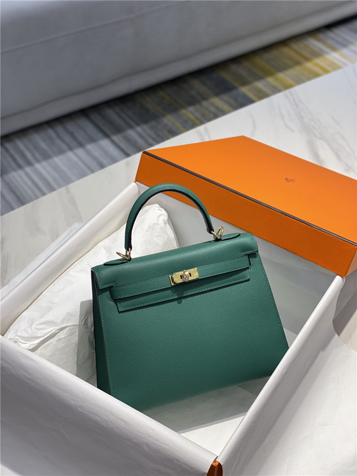 Hermes Kelly 25/28cm Sellier Bag Epsom Leather Silver/Gold Metal In Vert foncé High