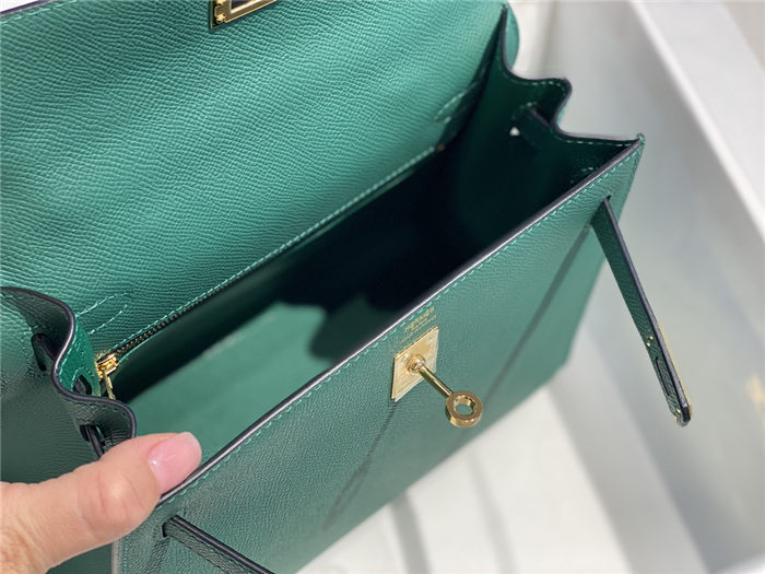 Hermes Kelly 25/28cm Sellier Bag Epsom Leather Silver/Gold Metal In Vert foncé High