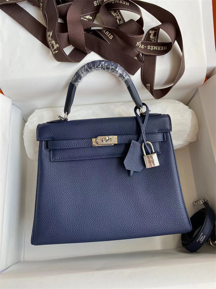 Hermes Kelly 25/28cm Retourne Bag Togo Leather In bleu obscur WAX High