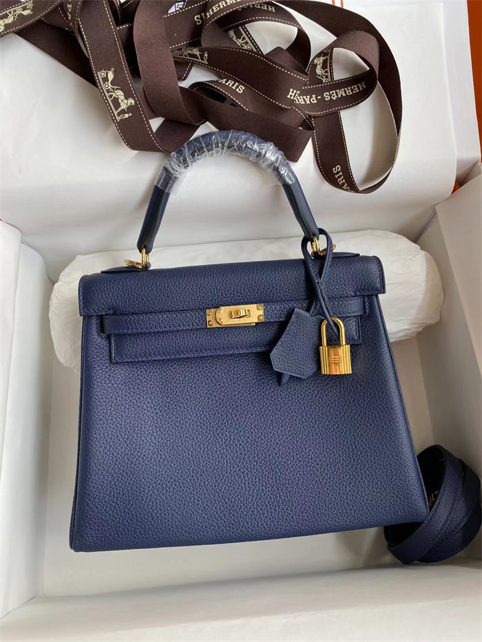 Hermes Kelly 25/28cm Retourne Bag Togo Leather In bleu obscur WAX High