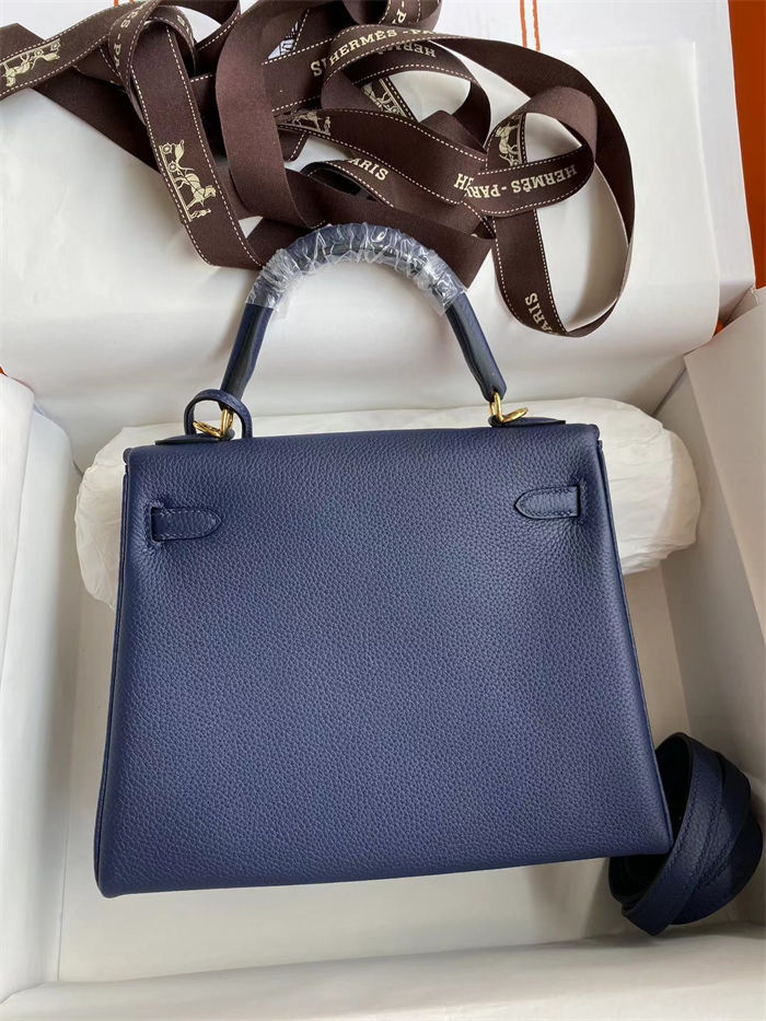 Hermes Kelly 25/28cm Retourne Bag Togo Leather In bleu obscur WAX High