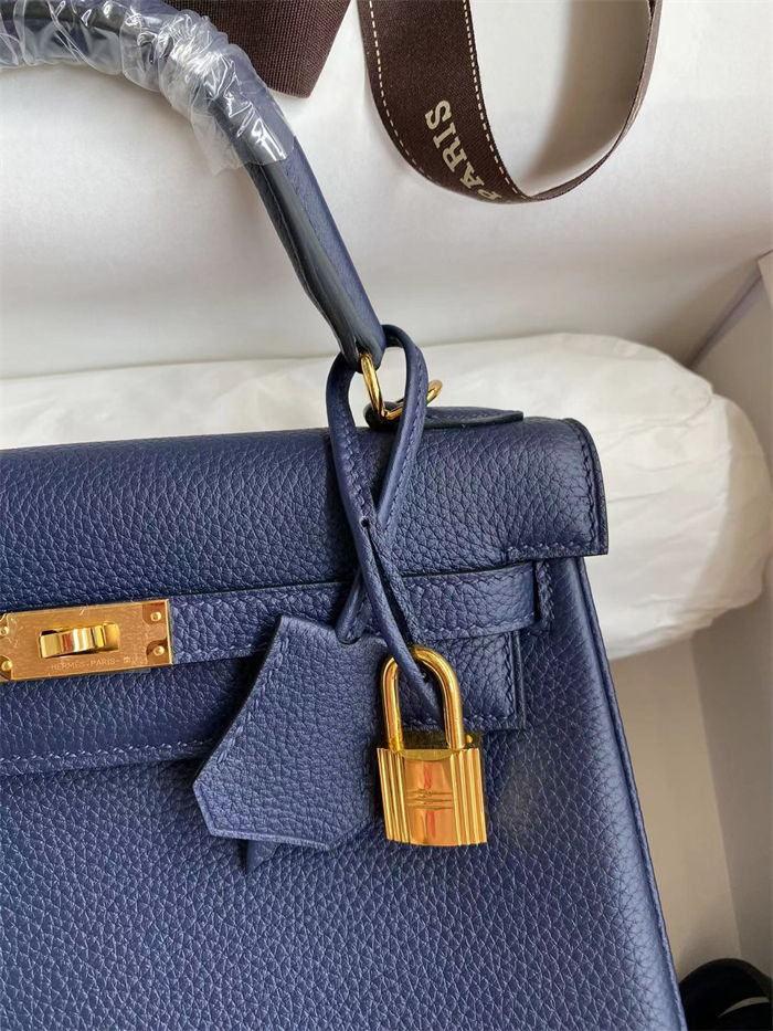 Hermes Kelly 25/28cm Retourne Bag Togo Leather In bleu obscur WAX High