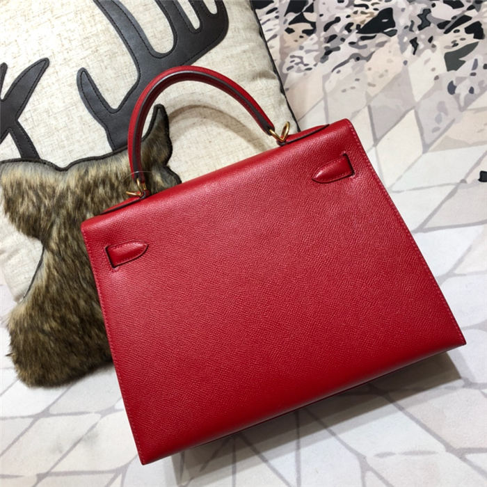 Hermes Kelly 25/28cm Sellier Bag Epsom Leather Silver/Gold Metal In Red WAX High