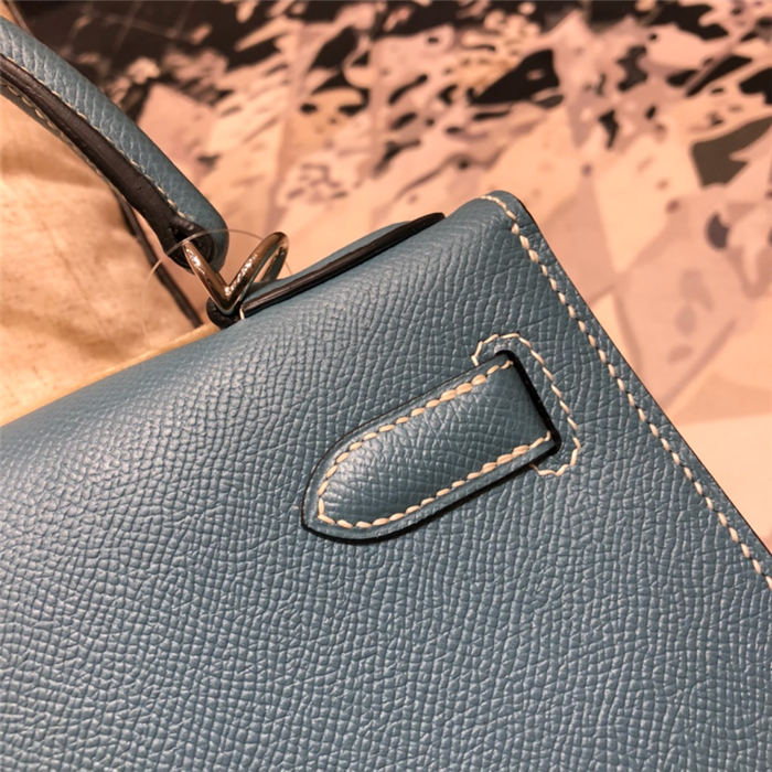 Hermes Kelly 25/28cm Sellier Bag Epsom Leather Silver/Gold Metal In Dk-Blue WAX High