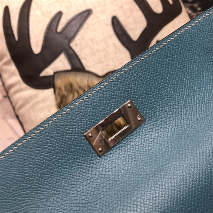 Hermes Kelly 25/28cm Sellier Bag Epsom Leather Silver/Gold Metal In Dk-Blue WAX High