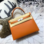 Hermes Kelly 25/28cm Sellier Bag Epsom Leather Silver/Gold Metal In Orange WAX High