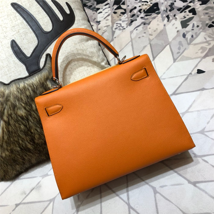 Hermes Kelly 25/28cm Sellier Bag Epsom Leather Silver/Gold Metal In Orange WAX High