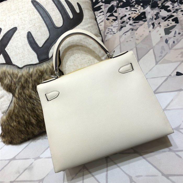 Hermes Kelly 25/28cm Sellier Bag Epsom Leather Silver/Gold Metal In Cream WAX High