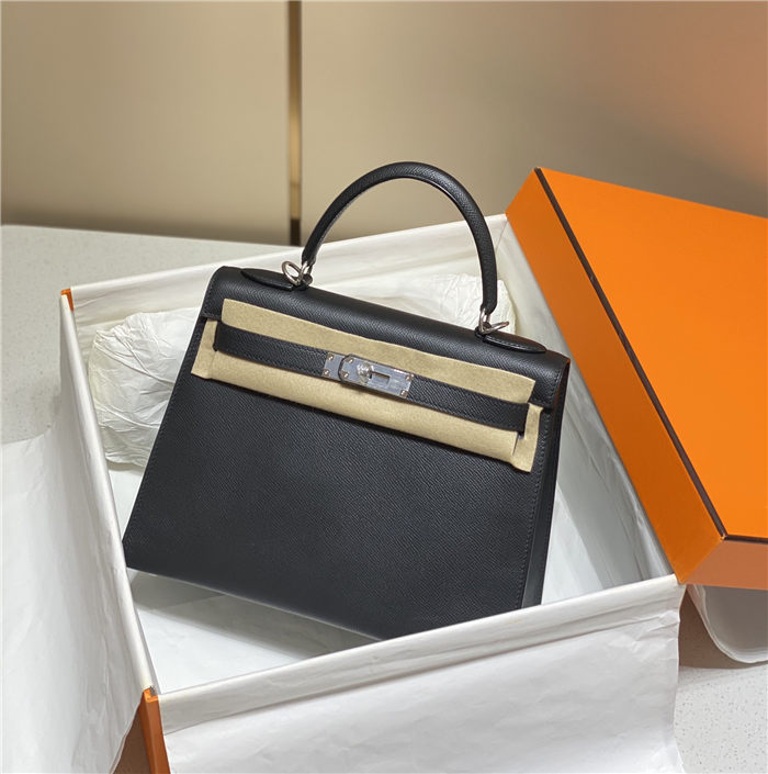 Hermes Kelly 25/28cm Sellier Bag Epsom Leather Silver/Gold Metal In Black-Silver High