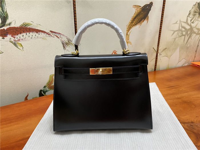 Hermes Kelly 25/28cm Sellier Bag Box Leather In Black WAX High