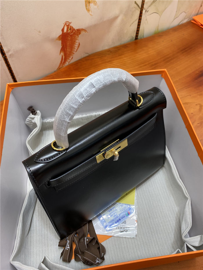 Hermes Kelly 25/28cm Sellier Bag Box Leather In Black WAX High