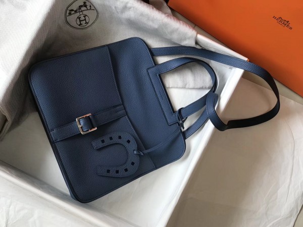 Hermes Halzan 31cm Bag Clemence Leather WAX In Blue Agate High