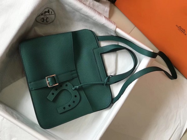 Hermes Halzan 31cm Bag Clemence Leather WAX In Malachite High