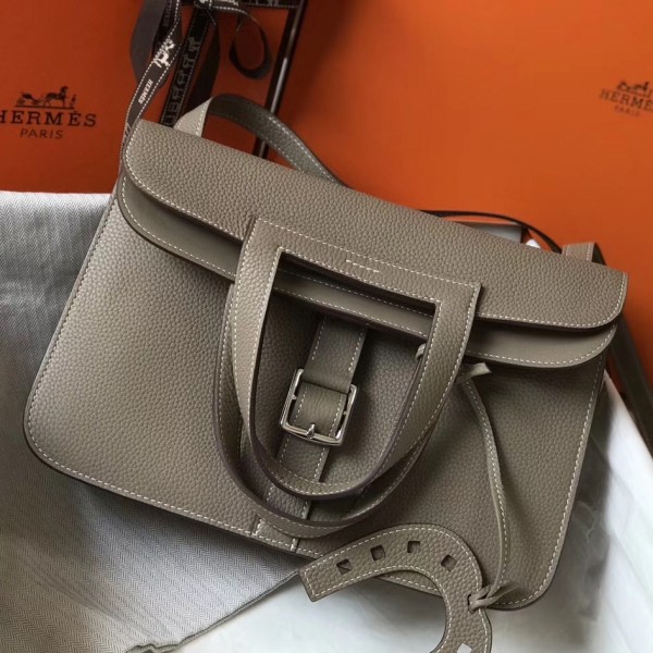 Hermes Halzan 31cm Bag Clemence Leather WAX In Grey High