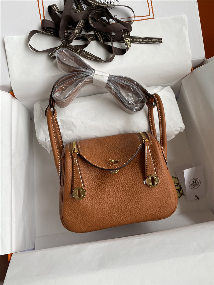 Hermes Lindy Mini Bag Clemence Leather In Tan WAX High