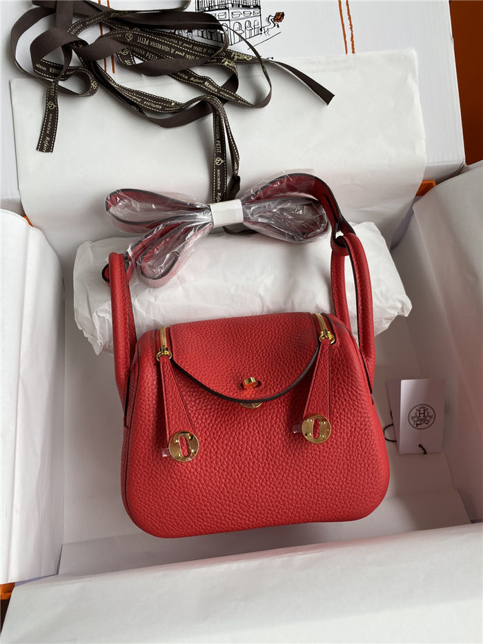 Hermes Lindy Mini Bag Clemence Leather In Red WAX High