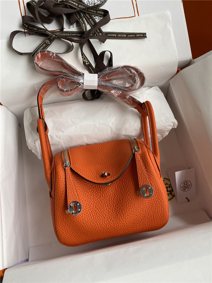 Hermes Lindy Mini Bag Clemence Leather In Orange WAX High