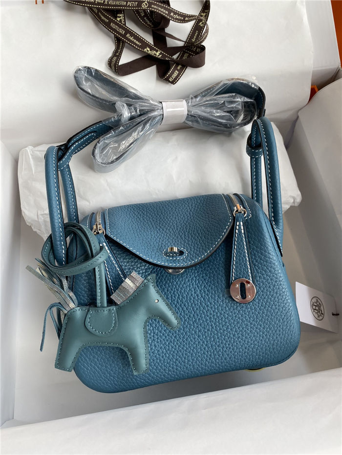 Hermes Lindy Mini Bag Clemence Leather In Denim Blue WAX High