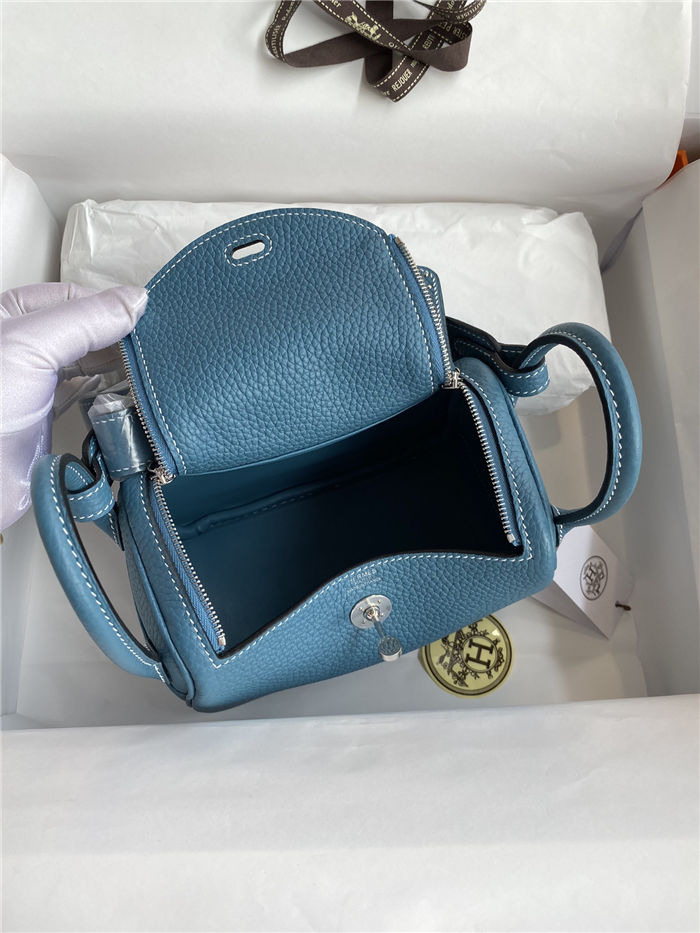 Hermes Lindy Mini Bag Clemence Leather In Denim Blue WAX High