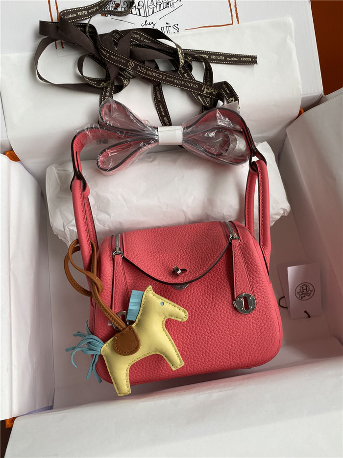 Hermes Lindy Mini Bag Clemence Leather In Rose Red WAX High