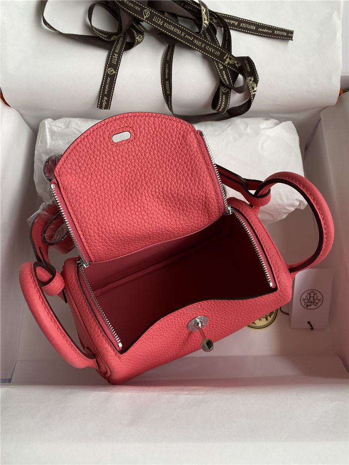 Hermes Lindy Mini Bag Clemence Leather In Rose Red WAX High