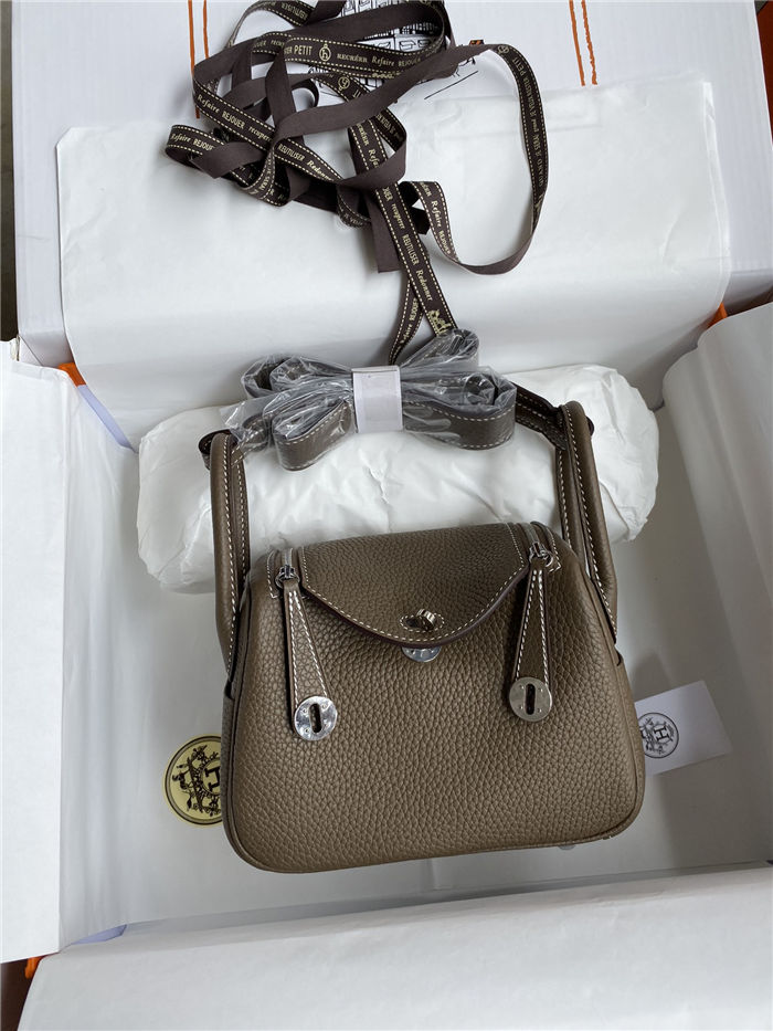 Hermes Lindy Mini Bag Clemence Leather In Etoupe WAX High