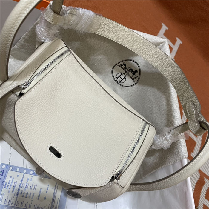 Hermes Lindy 26/30cm Bag Clemence Leather In Cream Silver-Metal WAX High