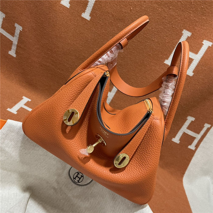 Hermes Lindy 26/30cm Bag Clemence Leather In Orange Gold-Metal WAX High