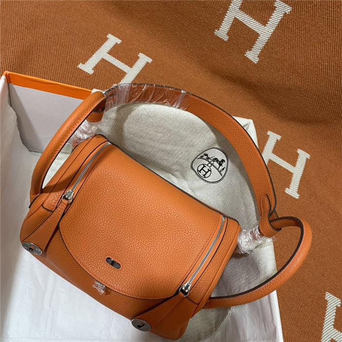 Hermes Lindy 26/30cm Bag Clemence Leather In Orange Silver-Metal WAX High