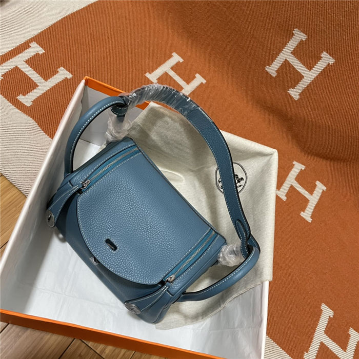 Hermes Lindy 26/30cm Bag Clemence Leather In Denim Blue Silver-Metal WAX High