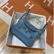 Hermes Lindy 26/30cm Bag Clemence Leather In Denim Blue Gold-Metal WAX High