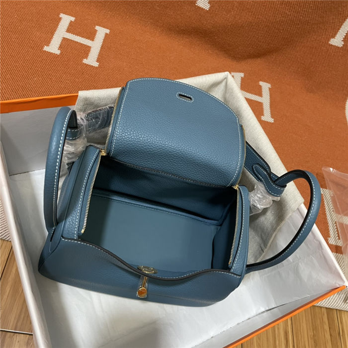 Hermes Lindy 26/30cm Bag Clemence Leather In Denim Blue Gold-Metal WAX High