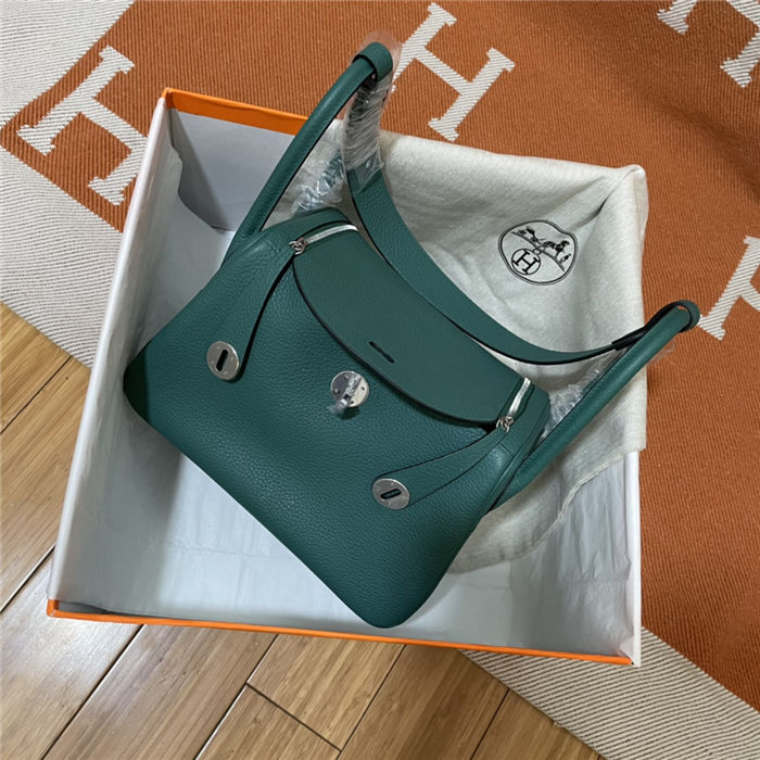 Hermes Lindy 26/30cm Bag Clemence Leather In Olive Silver-Metal WAX High