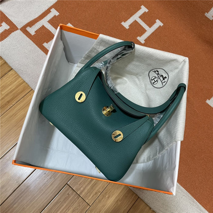 Hermes Lindy 26/30cm Bag Clemence Leather In Olive Gold-Metal WAX High