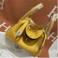 Hermes Lindy 26/30cm Bag Clemence Leather In Yellow Silver-Metal WAX High