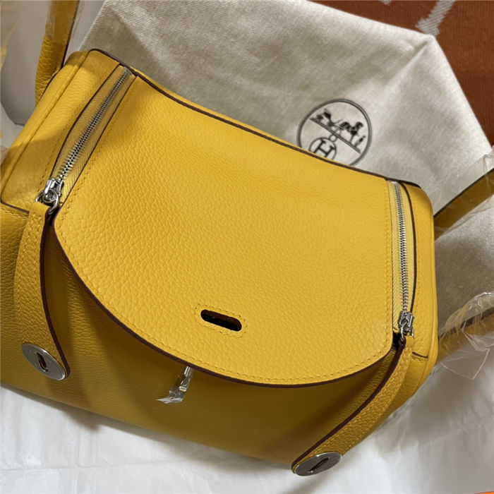 Hermes Lindy 26/30cm Bag Clemence Leather In Yellow Silver-Metal WAX High