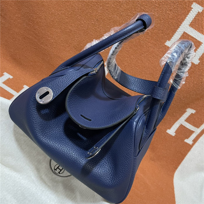 Hermes Lindy 26/30cm Bag Clemence Leather In Navy Silver-Metal WAX High