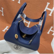 Hermes Lindy 26/30cm Bag Clemence Leather In Navy Gold-Metal WAX High