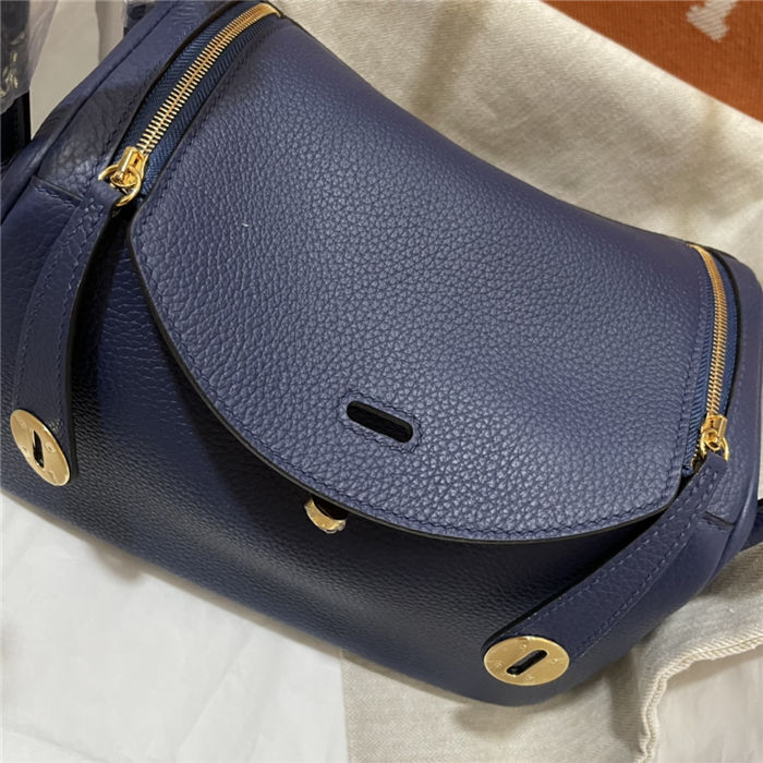 Hermes Lindy 26/30cm Bag Clemence Leather In Navy Gold-Metal WAX High