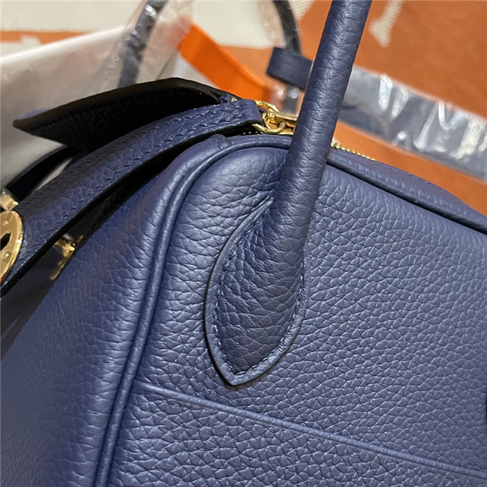 Hermes Lindy 26/30cm Bag Clemence Leather In Navy Gold-Metal WAX High